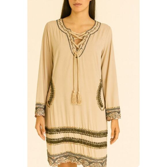Women’s VENUS Beaded/Studded” Dress tan lace up top side zip up SZ M - Picture 1 of 12